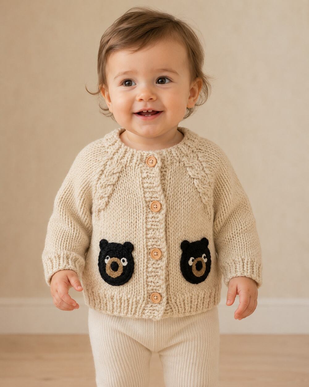 Huggalugs Black Bear Cardigan Baby 6-12 Months Hand Knit NWT - 011